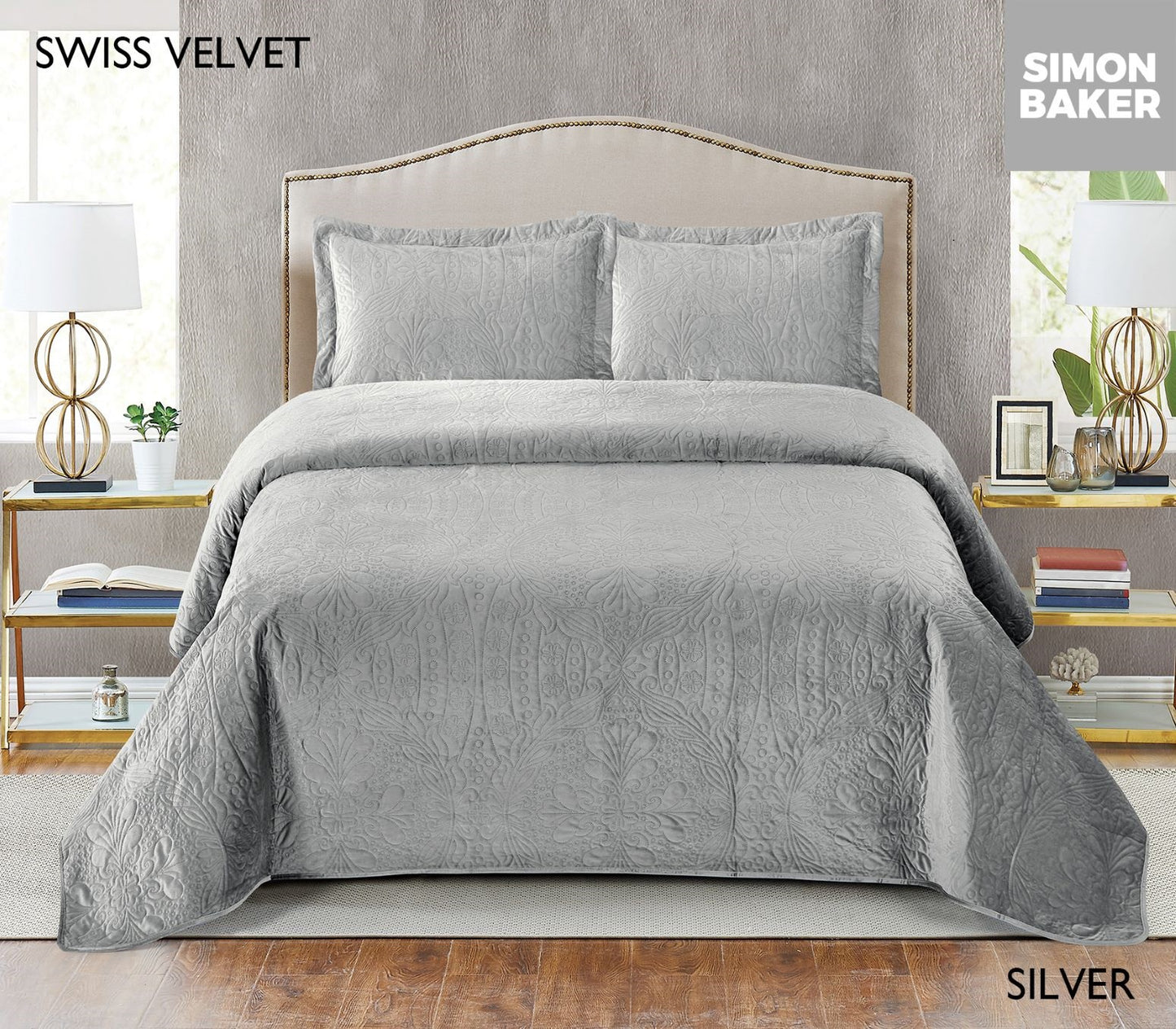 Simon Baker | Swiss Velvet Bedspread - Silver (Various Sizes)