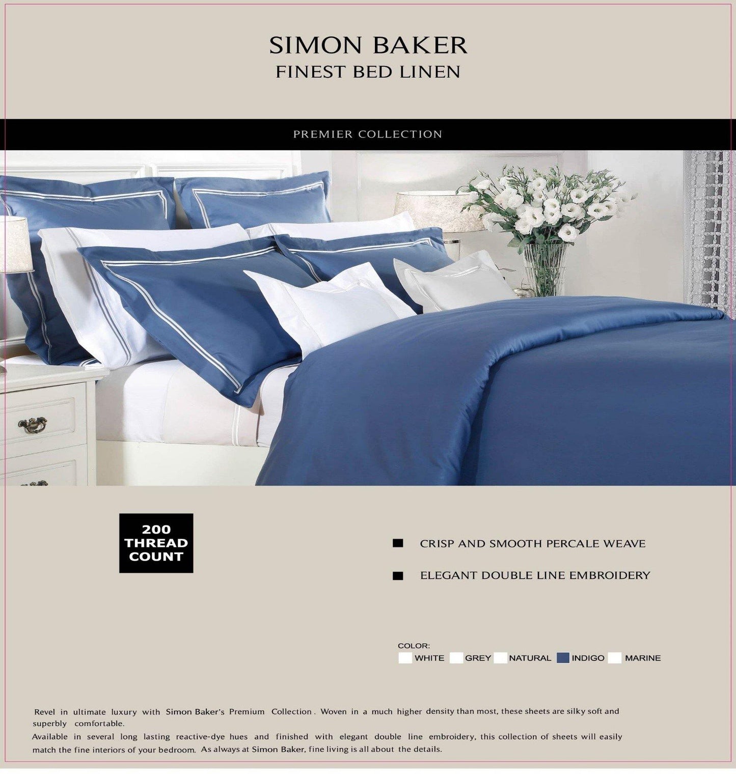 Simon Baker | T200 Cotton Double Satin Stitched Duvet Cover Set Indigo (Various Sizes)