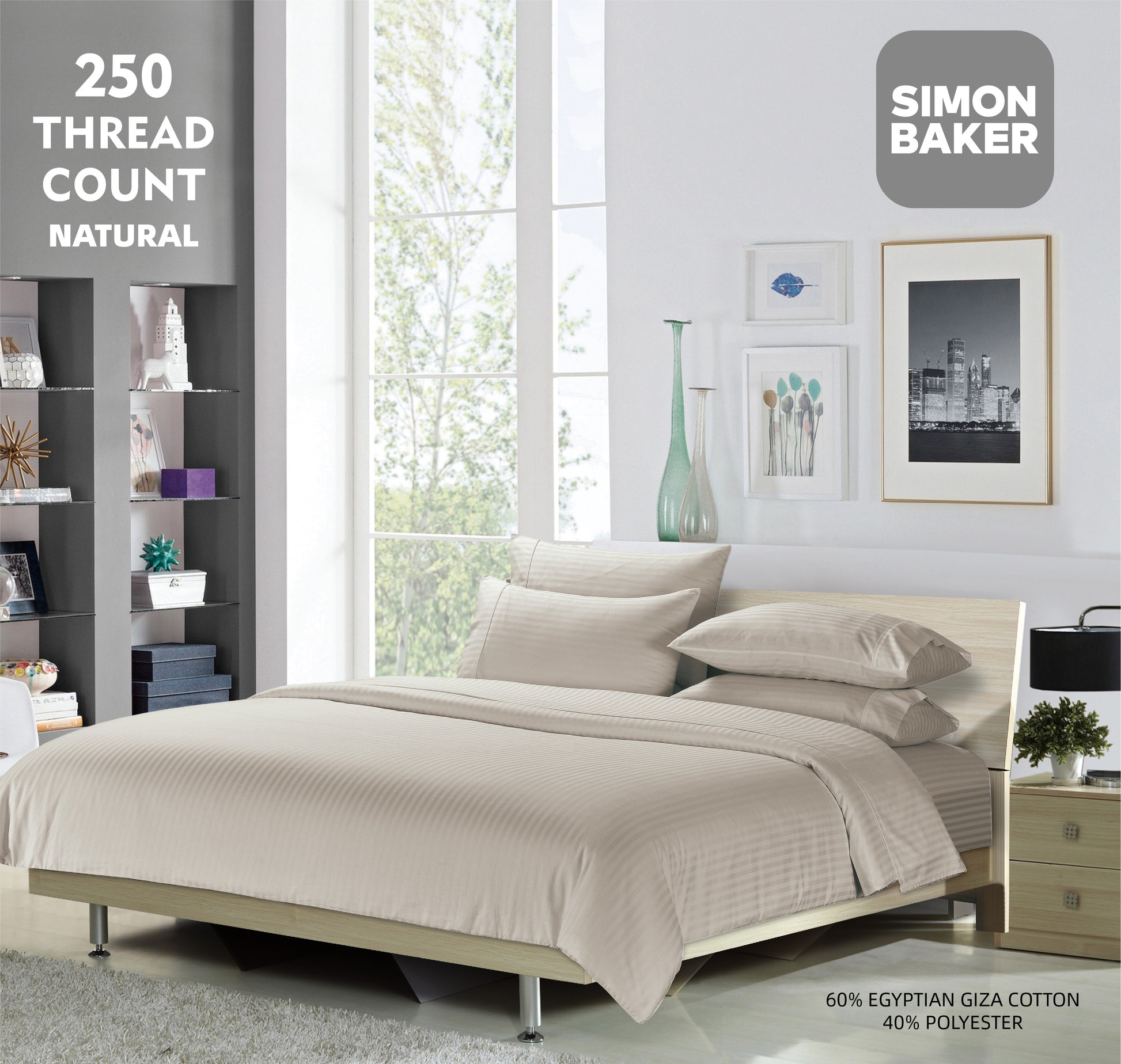 Simon Baker | 250 Thread Count Egyptian Cotton Stripe Duvet Set Natural (Various Sizes)