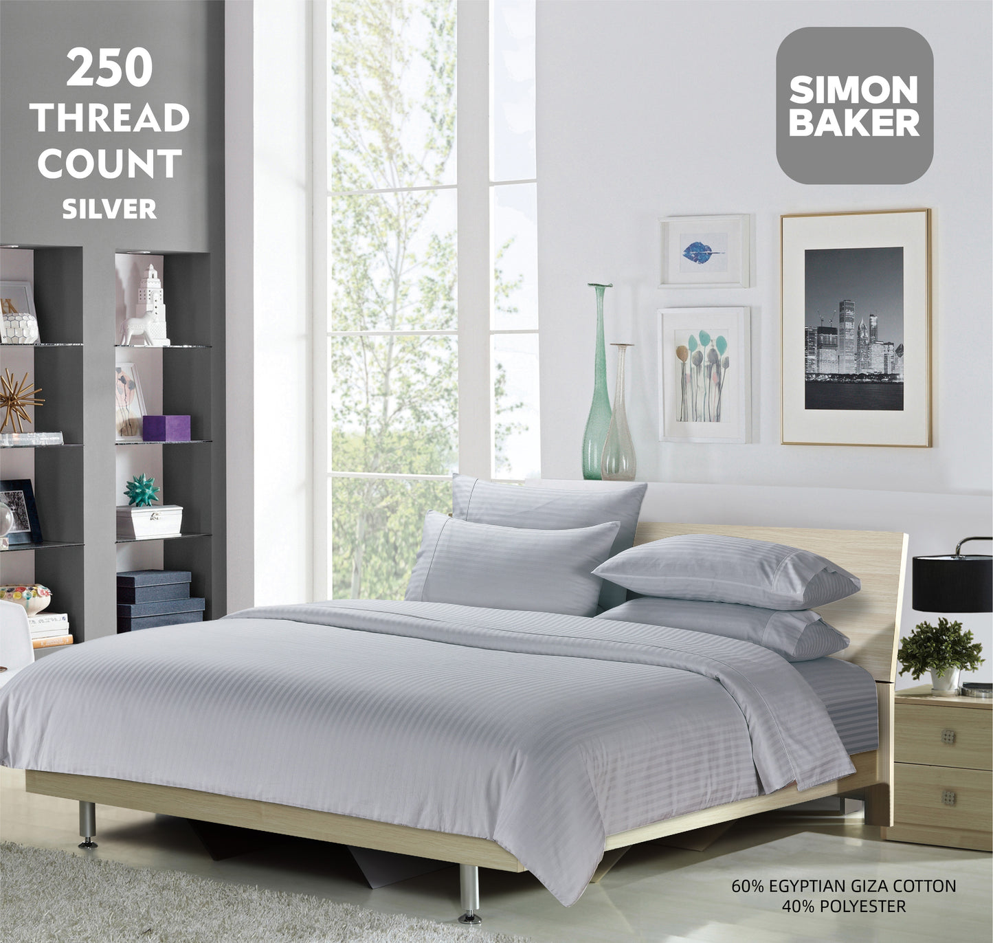 Simon Baker | 250 Thread Count Egyptian Cotton Stripe Duvet Set Silver (Various Sizes)