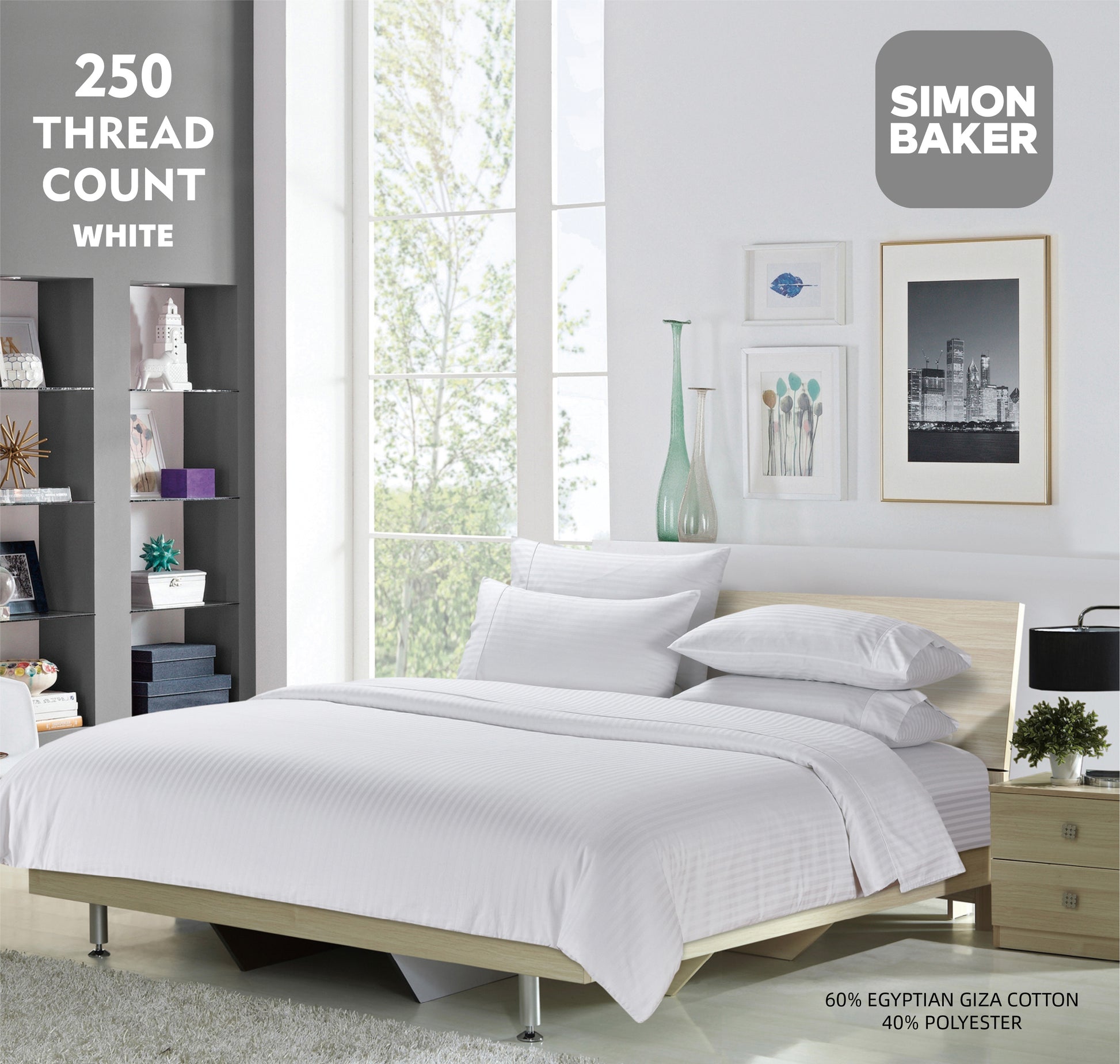 Simon Baker | 250 Thread Count Egyptian Cotton Stripe Duvet Set White (Various Sizes)