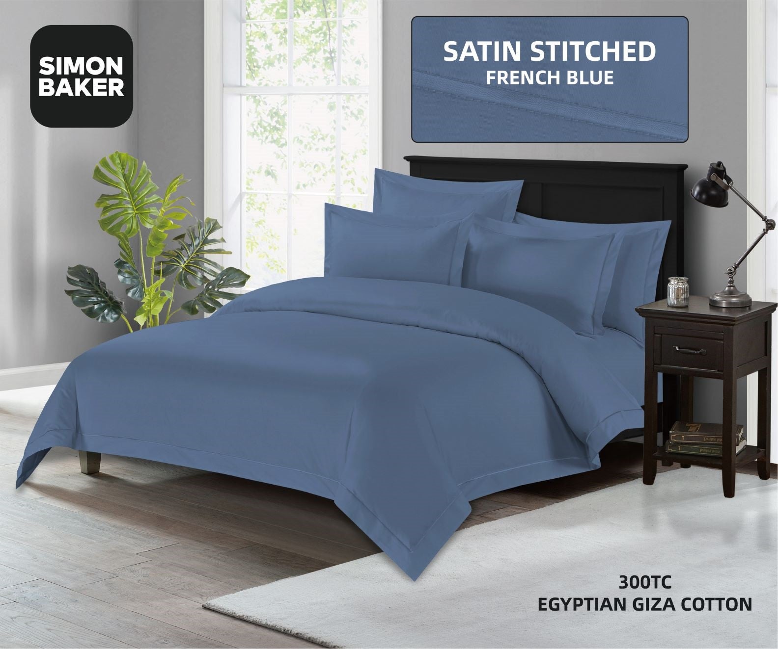 Simon Baker | 300TC 100% Egyptian Cotton Oxford Satin Stitched Duvet Cover French Blue (Various Sizes)
