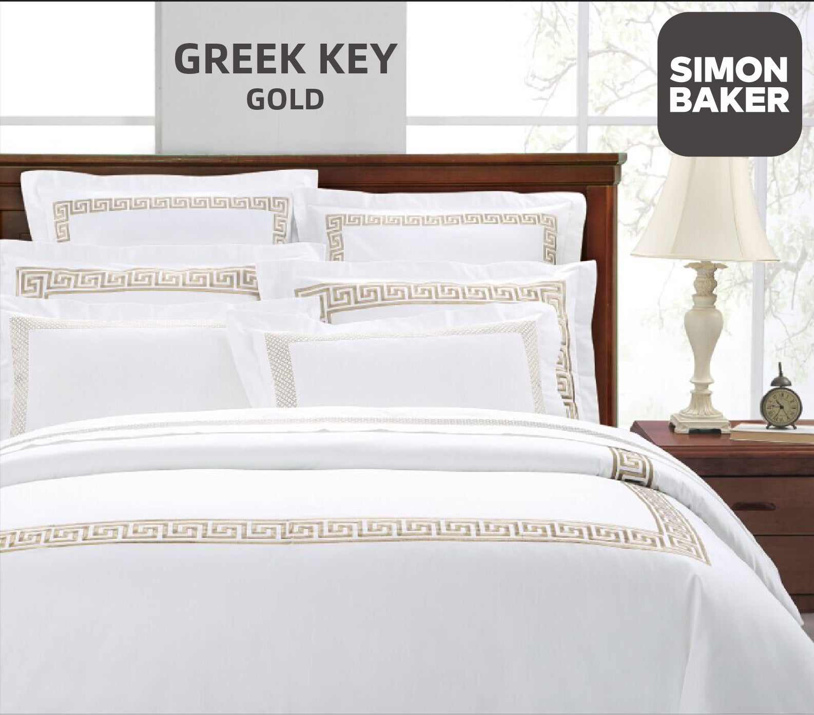 Simon Baker | 400TC Egyptian Cotton Greek Key Embroidery DUVET COVER SET - Gold (Various Sizes)
