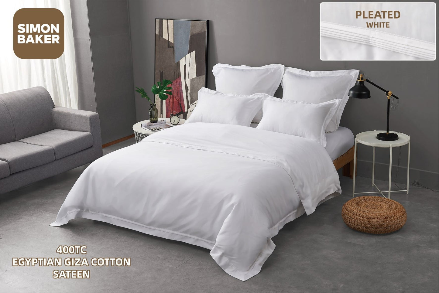 Simon Baker | 400TC Egyptian Giza Cotton Sateen Pleated Oxford DUVET COVET SET - White (Various Sizes)