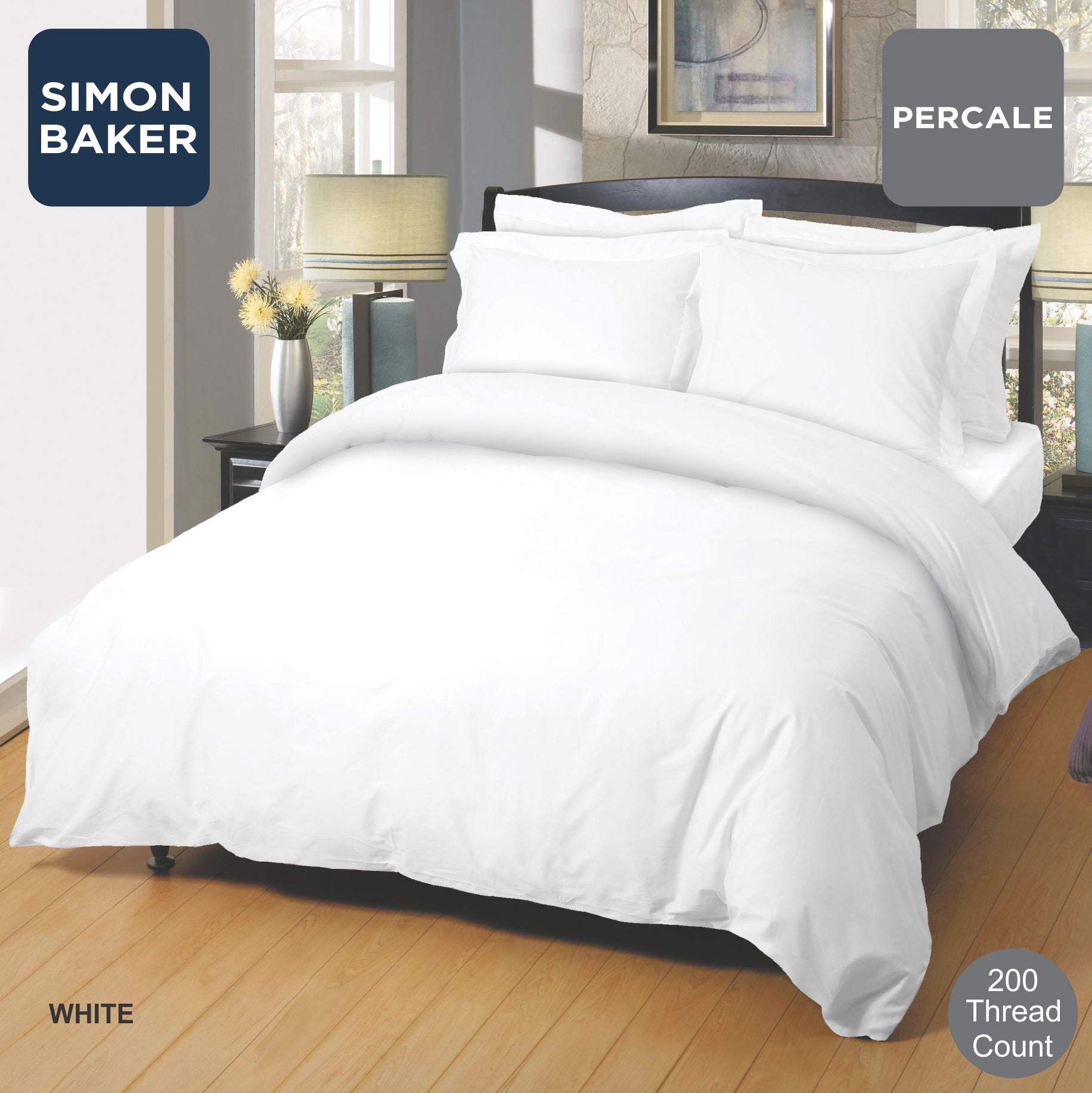 Simon Baker | 200 Thread Count Poly 50/Cotton 50 Percale - White Pillowcases (Various Sizes)