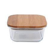 Square Glass Lunch Box Wooden Lid 13(W)X6(H)cm - Set of 2